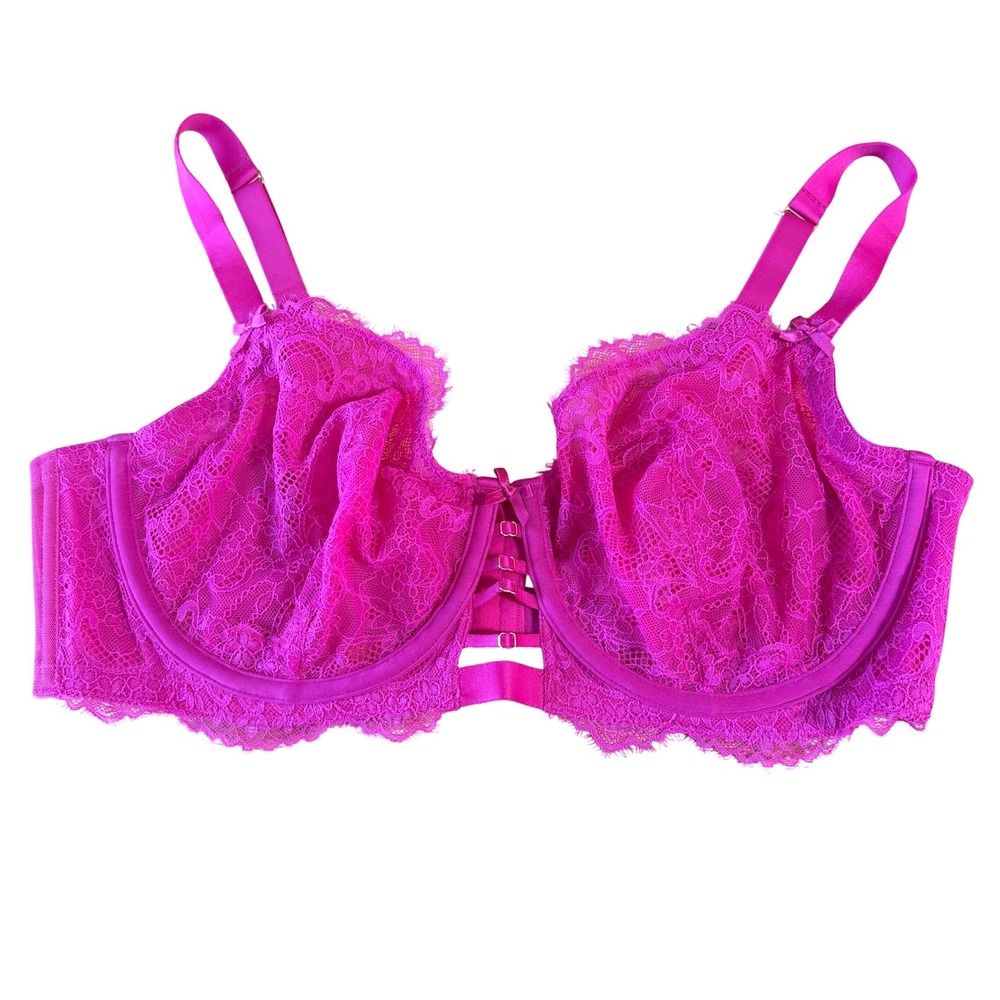 Cacique Unlined Balconette Bra 44DD Fuchsia Pink Floral Lace Strappy 1122035